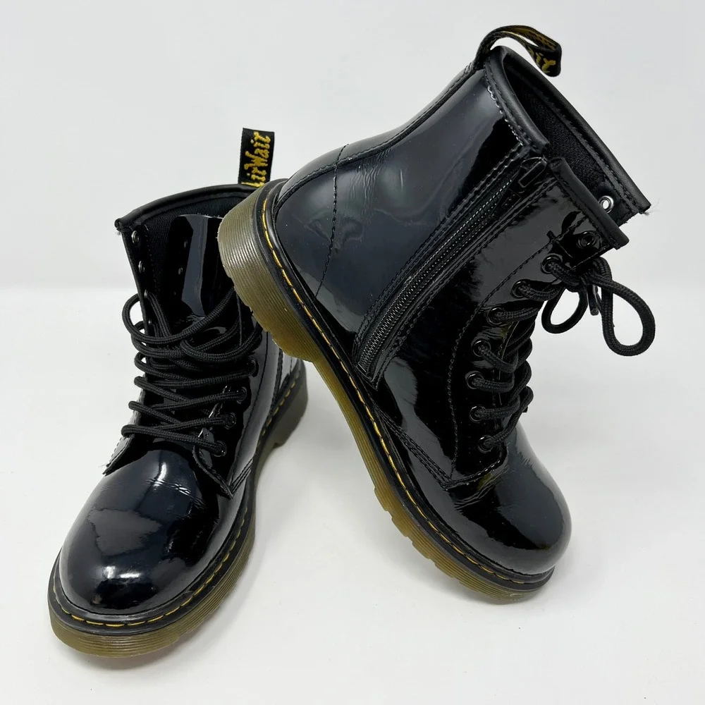 DR MARTENS Junior 1460 Delaney Patent Leather Lace Up Side Zip Boots Youth SZ 4